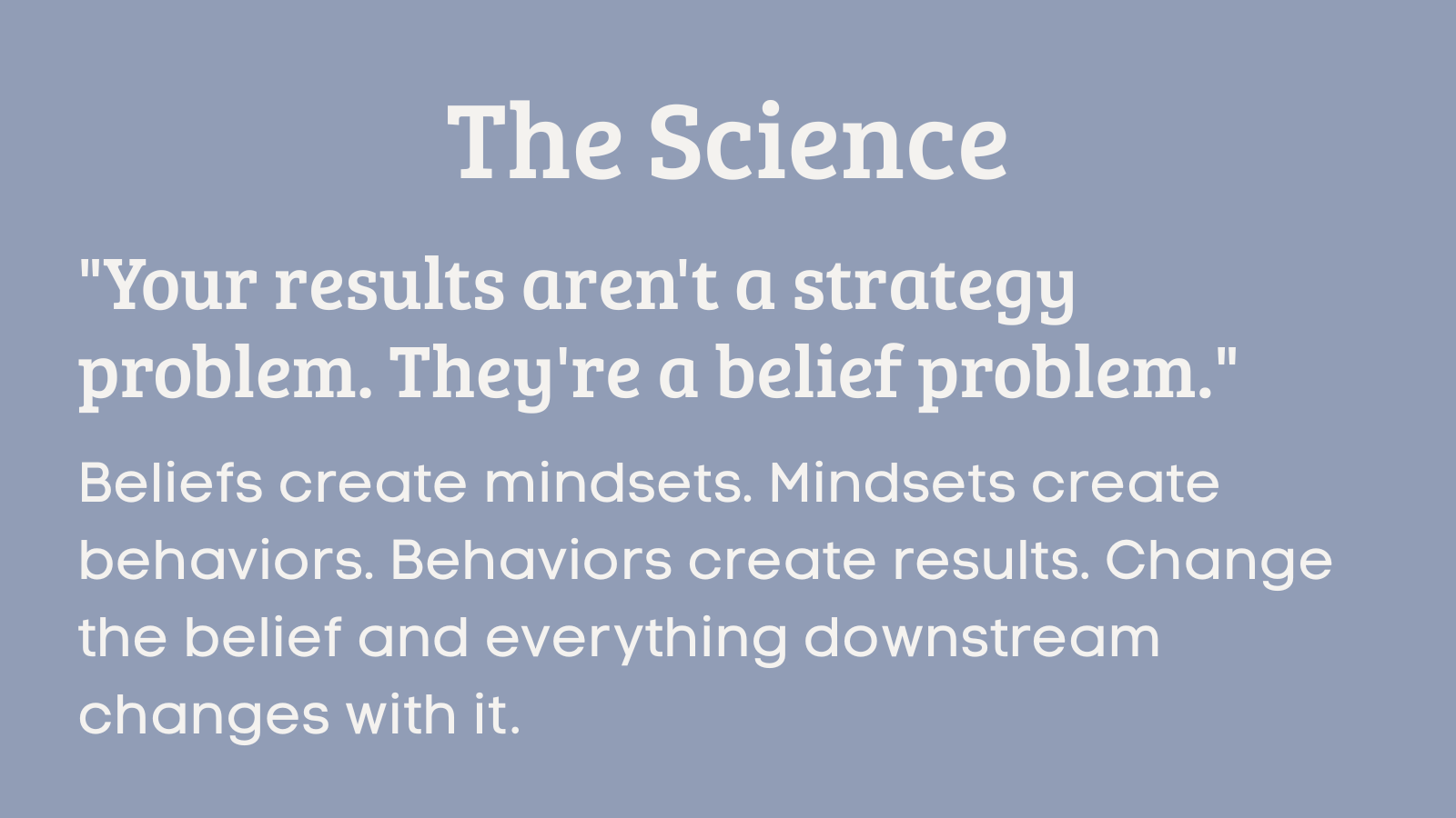 The Science  Your results arent a strategy problem. Theyre a belief problem.  Beliefs create mindsets. Mindsets create behaviors. Behaviors create results.